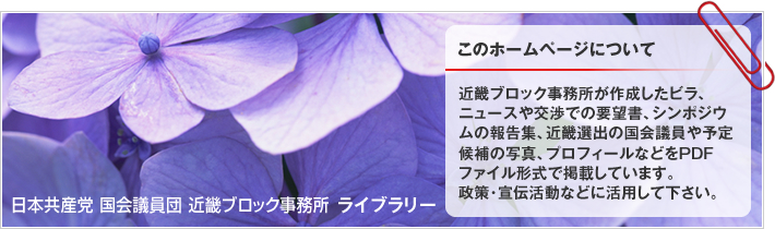 近畿ブロック事務所が作成したビラ、ニュースや交渉での要望書、シンポジウムの報告集、近畿選出の国会議員や予定候補の写真、プロフィールなどをPDFファイル形式で掲載しています。政策・宣伝活動などに活用して下さい。 | 日本共産党 国会議員団 近畿ブロック事務所 ライブラリー